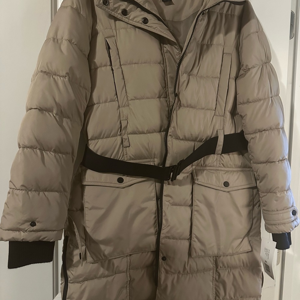 French Connection Belted Jacket with Detachable Fur Hood